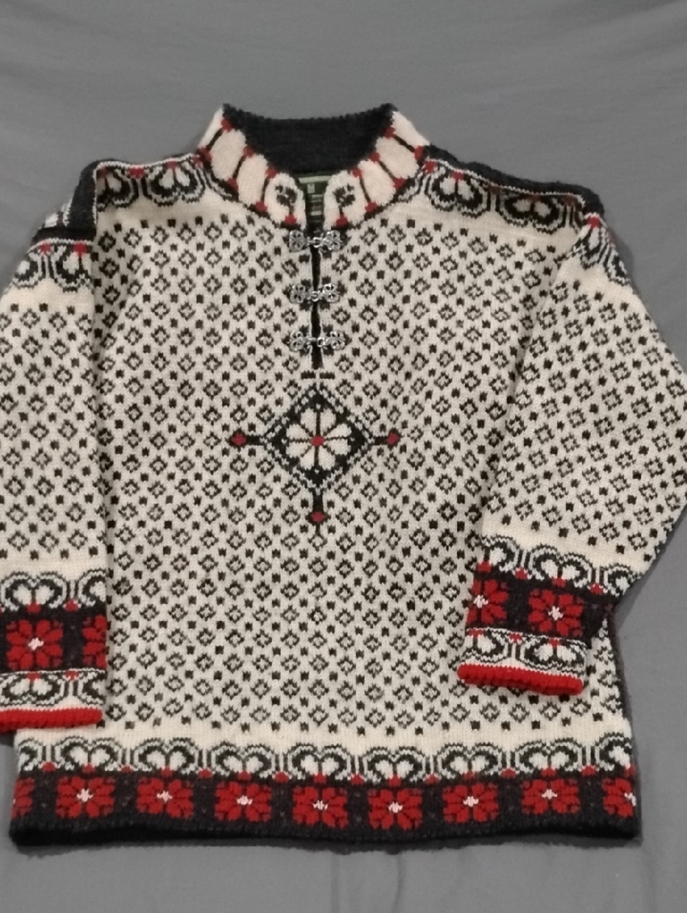 Dale of Norway Cream Wool Zip-Up Sweater with Black & Red Nordic Motif